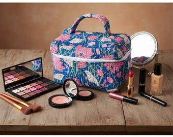 Personalized Toiletry Bag Quilted Cotton Train Case, Boho Makeup Toiletry Bag, Travel Cosmetic Pouch, Bridesmaid Gift Embroidered Floral Bag