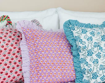 Block Print Cotton Pillow Cover, Boho Frill Cushion, Handmade