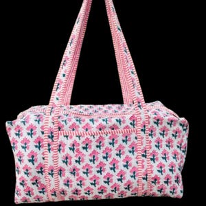 Duffle Weekender Bag, Cotton Storage Bag, Handmade Quilted Travel Bag, Block Print Standard Size Shoulder Bag, Boho Shopping Bag For Woman