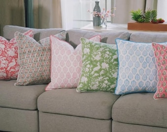 Hand Block Print Pillow Cover: Floral Cotton Cushion with Piping