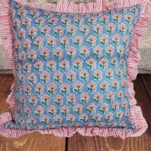 Block Print Boho Cushion Cover With Frill Handmade Cotton Bed Throw Pillows, bohemian pillow cushion cover vintage home decor frill cushion