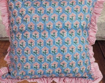 Block Print Cotton Cushion Cover with Frill: Boho Home Decor Cotton Throw Pillows Floral Bohemian Cotton Bed Pillow shams Farmhouse Cushion