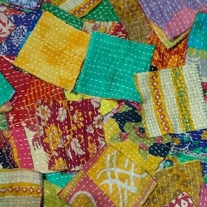 Boho Cotton Kantha Scrap Bundles, Sustainable Zero Waste Packs, Indian Sari Fabric Quilting Squares, 50pc Sets, Recycled Kantha Remnants