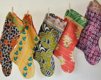 Handmade Kantha Christmas Stocking, Quilted Embroidered Decor