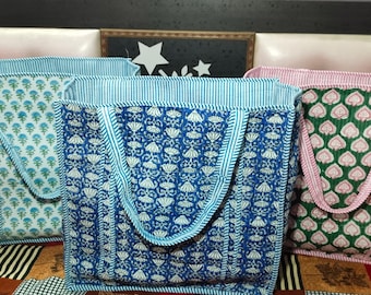 Vintage Cotton Quilted Tote Bag, Floral Hand Block Print Shopping Bags, Eco-friendly Overnight Beach Bag, Custom Travel Tote Gift for Her