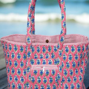 Floral Block Printed Tote Bag Large Quilted Tote Bags Vintage Travel Bag Handmade Gifts Beach Bags Shopping Bag Cotton Grocery Bags Hand Bag