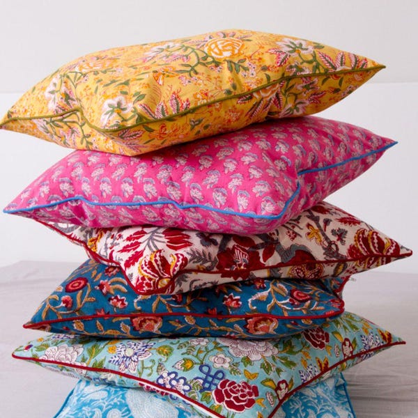 Hand Block Print Pillow Cover: Floral Cotton Boho Cushion