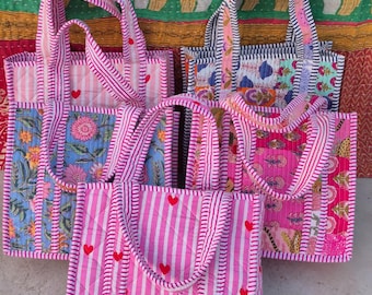 Quilted Cotton Mini Lunch Bag: Floral Abstract Print Handbag Block Printed Shopping Bags Beach Bag Travel and Shoulder Tote Bags Women