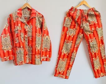 Hand Block Print Cotton Pajama Set: Bohemian Floral Sleepwear