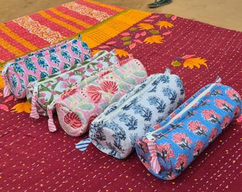 Cotton Quilted Pencil Case, Floral Makeup Brush Bag: Quilted Cosmetic Travel Pouch, Bridesmaid Gift,