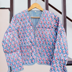 Cotton Women&#39;s Quilted Jacket Block Printed Boho Style Quilted Handmade Jackets, Coat Holidays Gifts Button Closer Jacket for Women Gifts