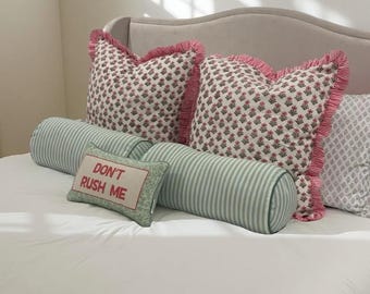 Block Print Cotton Cushion Cover with Frill: Boho Throw Pillow