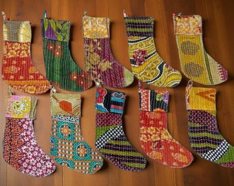 Vintage Kantha Christmas Stocking: Bohemian Holiday Decor, Recycled Fabric