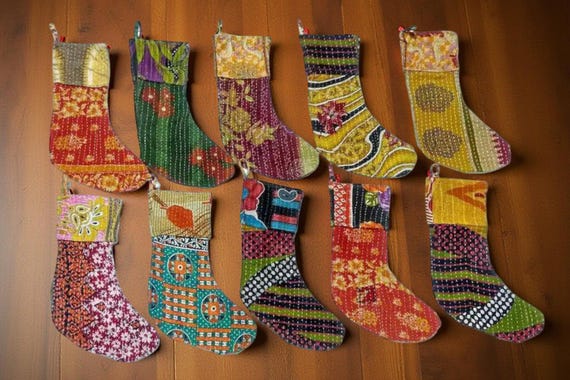 Vintage Kantha Christmas Stocking: Bohemian Holiday Decor, Recycled Fabric