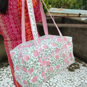 Cotton Quilted duffle Bag, Boho Floral Hand Block Printed Shopping Bags, Beach Bag, Travel and Shoulder duffle Bags, Women Gifts,Sustainable