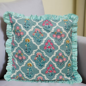 Boho Block Print Cushion Cover With Frill Handmade Cotton Bed Throw Pillows, bohemian pillow cushion cover vintage home decor frill cushion