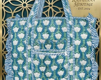 Handmade Floral Quilted Tote Bag – Cotton Kantha Shopper, Ruffle Frill