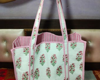 Embroidered Cotton Quilted Bag, Block Print Tote Bag for Women, Boho Travel Bag, Handmade Shoulder Purse, Large Floral Weekender, Bridesmaid