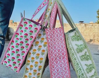 10pcs Large Cotton Quilted Bag, Block Print Tote Bag for Women, Boho Travel Bag, Handmade Shoulder Purse, Large Floral Weekender, Bridesmaid