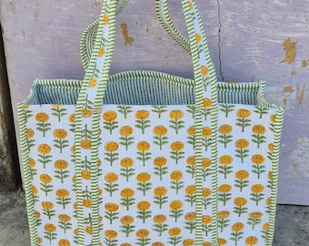 Vintage Cotton Quilted Tote Bag, Bohemian Floral Hand Block Print Shopping Bags, Overnight Beach Bag, Custom Travel Tote Gift for Her