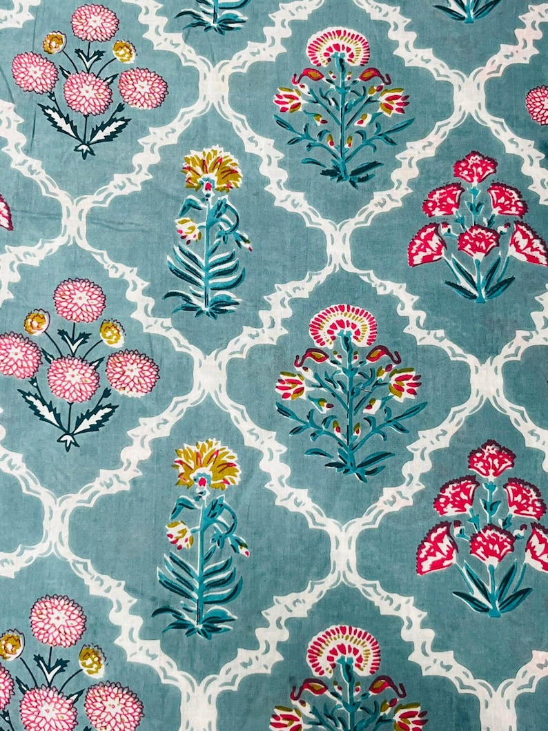 May include: A teal fabric with a white lattice pattern. The fabric is decorated with floral designs in pink, yellow, and teal. The flowers are arranged in clusters and have detailed petals.