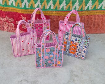 Quilted Cotton Mini Lunch Bag: Floral Abstract Print Handbag Block Printed Shopping Bags Beach Bag Travel and Shoulder Tote Bags Women