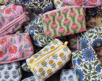Handmade Floral Cotton Pouch Set: Quilted Cosmetic & Wash Bag Handprint Fabric Mini Pouch for Women, Bridesmaid Gifts, Custom Makeup Bag