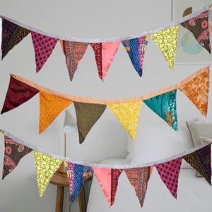 Recycled Sari Fabric Bunting: Handmade Indian Garland, Colorful Flags