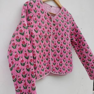 Cotton Women&#39;s Quilted Jacket Block Printed Boho Style Quilted Handmade Jackets, Coat Holidays Gifts Button Closer Jacket for Women Gifts