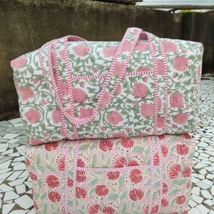Duffle Weekender Bag, Cotton Storage Bag, Handmade Quilted Travel Bag, Block Print Standard Size Shoulder Bag, Boho Shopping Bag For Woman