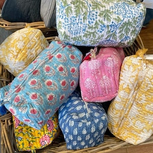 Large Cotton Quilted Block Printed Wash Bag | Ideal Gift | Handmade | Toiletry Bag | Cosmetic Bag Block Print Travel Accessory Holiday
