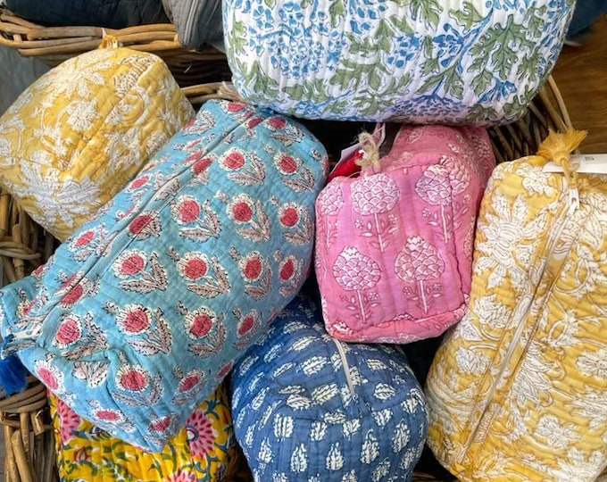 Large Cotton Quilted Block Printed Wash Bag Ideal Gift Handmade Toiletry Bag Cosmetic Bag Block Print Travel Accessory Holiday