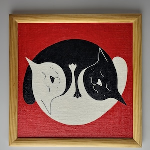 Peinture d'un artiste ukrainien peu connu : les chats YIN YANG sur fond rouge. Années 2000.