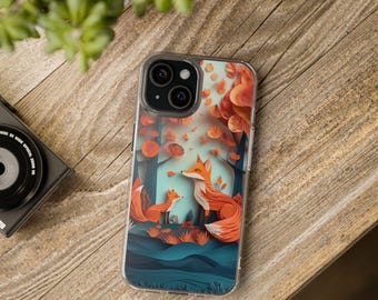 Telefoonhoesje met herfstvosmotief, transparant, artistiek bladmotief
