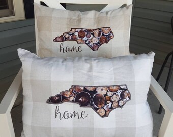 North Carolina pillow- home, native, or love-woodpile print on grey or khaki gingham
