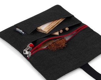 Liquid-repellent Tobacco Pouch for 30-50 g (Red Zip) - Hand rolling Tobacco bag holder for filter tips, rolling paper & lighter