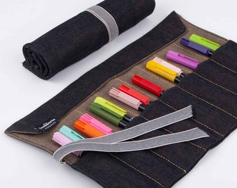 Denim Roll Up Pencil Case - Paintbrush holder pouch - Artist Tool Roll