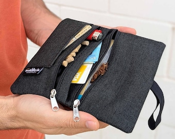 Tabaktasche mit 2 Reißverschlusstaschen für Drehtabak, Filter, Blättchen und Feuerzeug - Wasserabweisender Tabakbeutel Dreher-Tasche