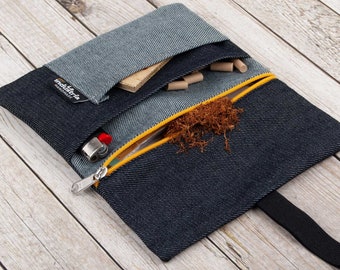 Rolling tobacco pouch - Tobacco case, Cotton jeans smoker kit for filter tips, rolling paper & lighter Black Denim