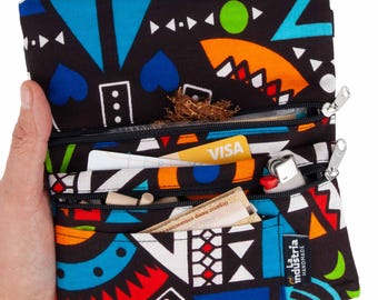 Tabaquera Cartera Estampado Africano – Pitillera con Doble Cremallera para Tabaco de Liar, Papel, Filtros, Mechero, Tarjetas y Dinero TRIBE