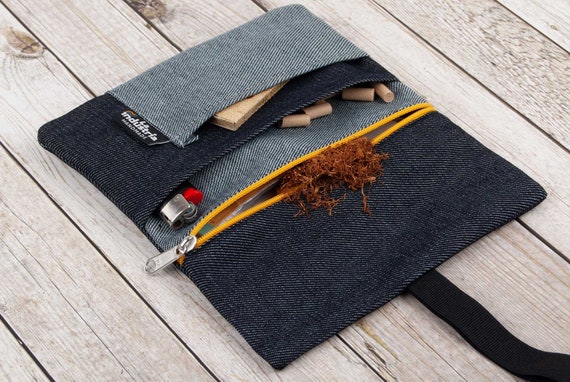 denim tobacco Handmade Denim Tobacco Pouch: Smoker's Rolling Kit