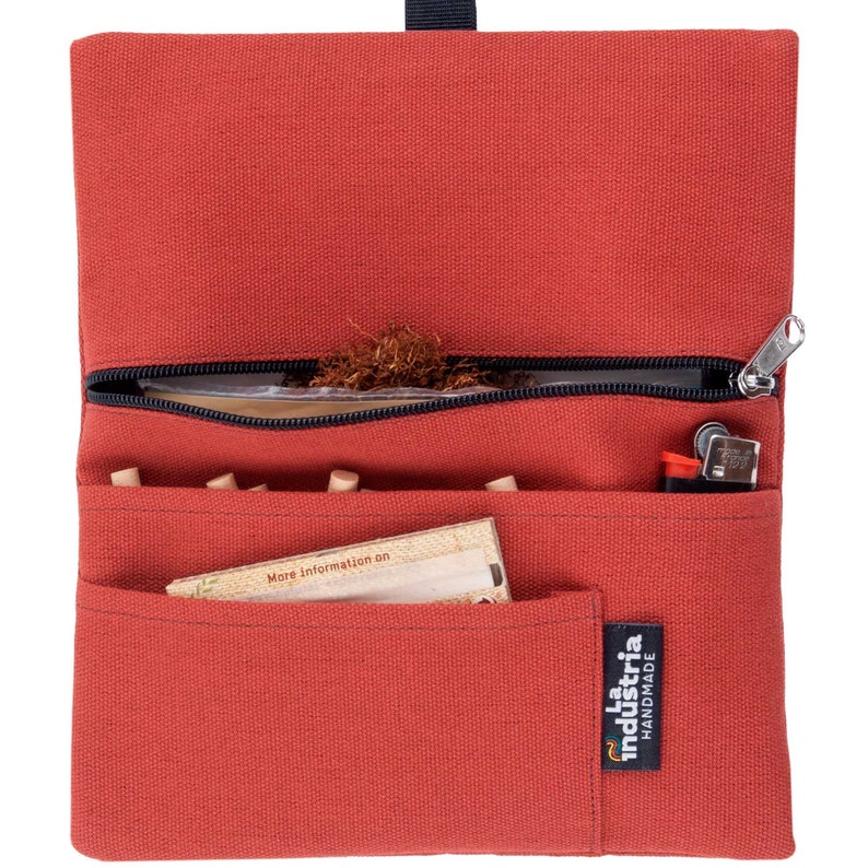 Water-repellent tobacco pouch 'Vulcano' Unisex Hand rolling tobacco pouch with compartments for filter tips, rolling paper & lighter Red Russet