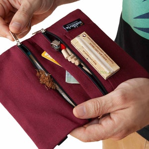 Pochette en coton bio avec double fermeture éclair pour Tabac à Rouler et Compartiments pour accessoires (argent liquide, cartes, Airpods)