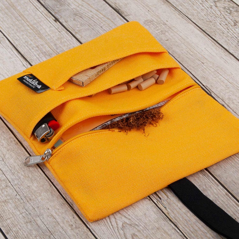 Water-repellent tobacco pouch 'Vulcano' Unisex Hand rolling tobacco pouch with compartments for filter tips, rolling paper & lighter Lemon