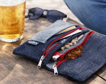 Tabaquera Cartera Vaquera con Doble Cremallera - Funda Pitillera Denim para tabaco de liar, Papel, Filtros y Mechero, Dinero y Tarjetas