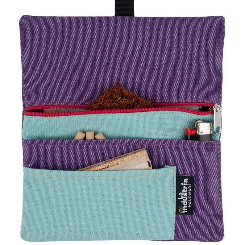 Water-resistant tobacco pouch LILAC ROLLER Colourful Hand rolling tobacco pouch with compartments for filter tips, rolling paper & lighter image 3