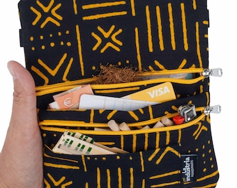 Tabaquera de Tela Africana con Doble Cremallera  - Cartera Estuche para Tabaco de Liar, Papel, Filtros, Mechero, Tarjetas y Dinero 'MALI'