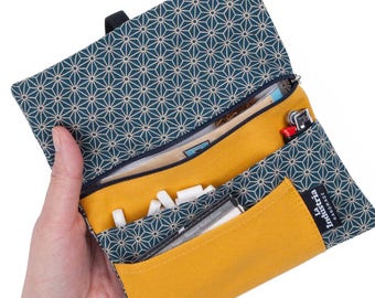 Tobacco Case, Rolling Tobacco Pouch with a Japanese pattern, Tobacco holder bag with compartments for filter tips, papers and lighter Maki