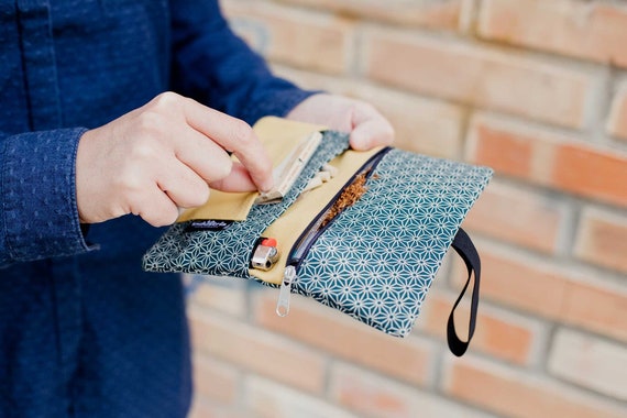 blue leather tobacco pouch with lighter case paper holder and filter pocket  Touch