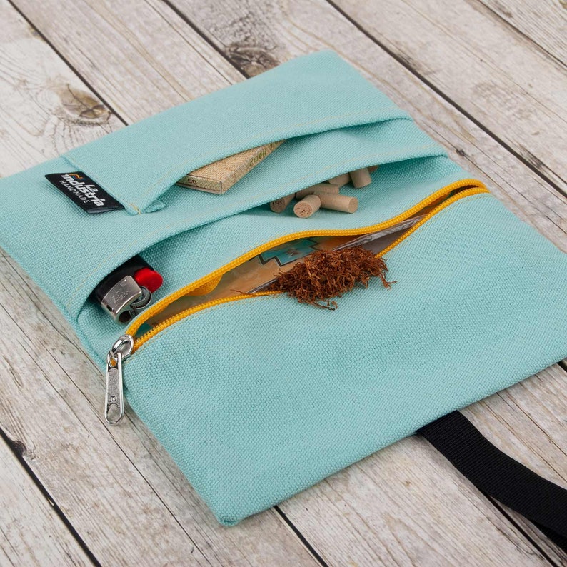 Water-repellent tobacco pouch 'Vulcano' Unisex Hand rolling tobacco pouch with compartments for filter tips, rolling paper & lighter Aqua